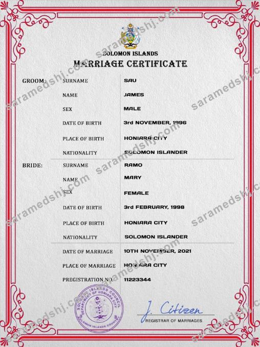 Solomon Islands marriage certificate PSD template